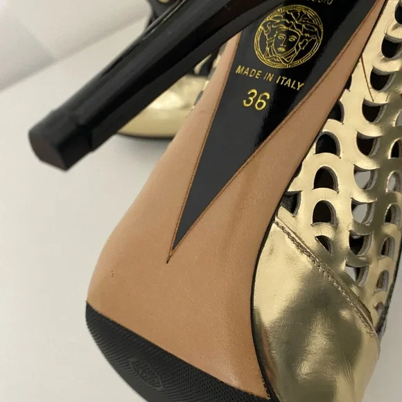 VERSACE | Gold Black Lace Up Gladiator Patent Leather Shoes Perforated Heels 36 - Picture 11 of 16